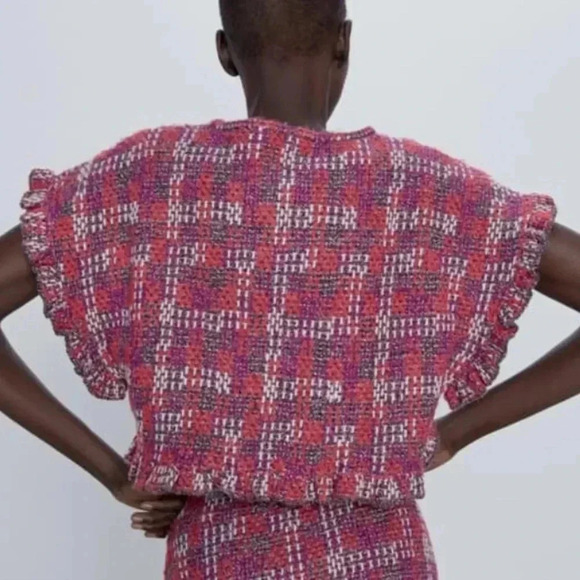 NWT Zara RUFFLED KNIT Cropped TOP Sweater Multi Color plaid - Picture 4 of 12